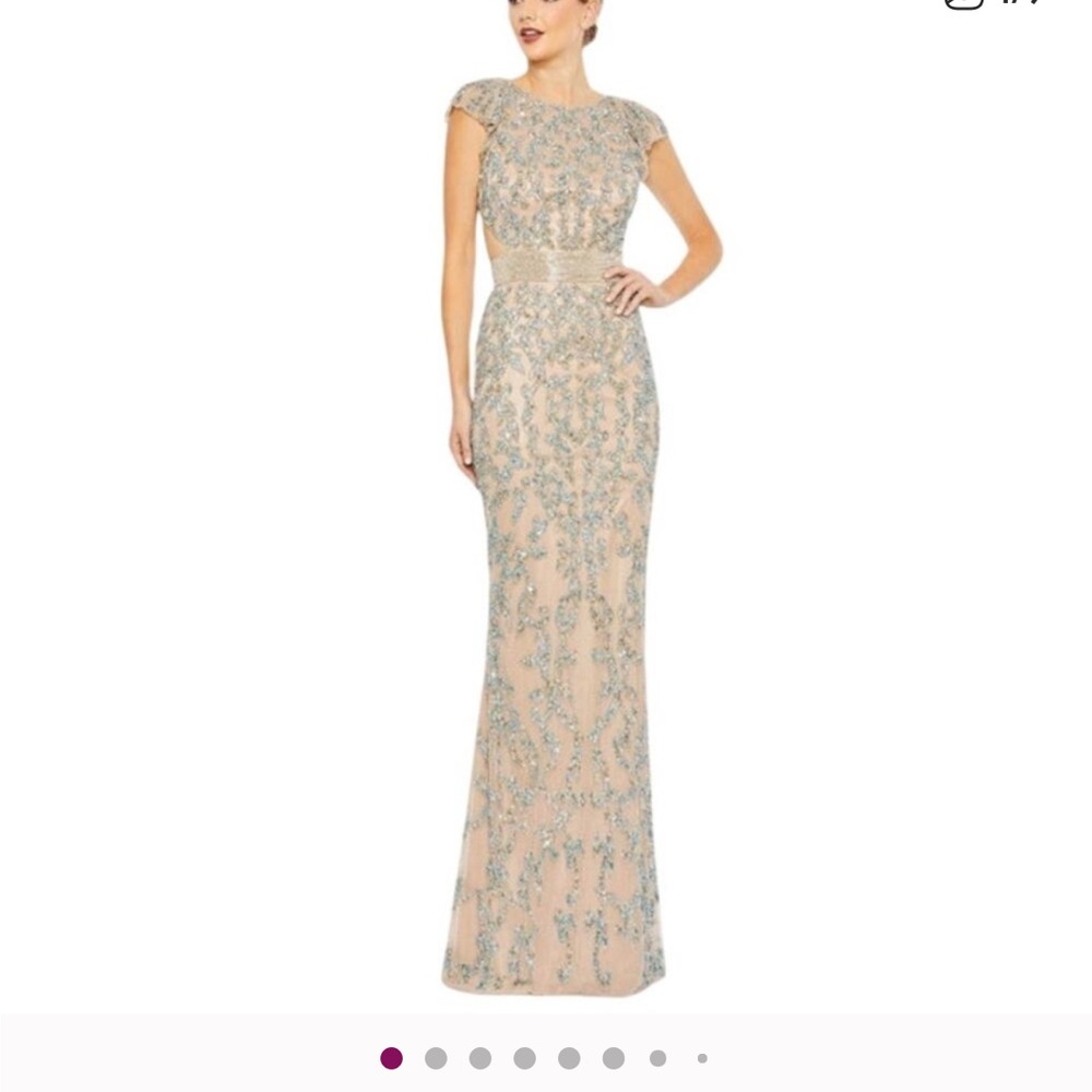 MAC DUGGAL Dress Size 6 Evening Gown Sequin Cream Tan Blue NEW Damask Lace Up